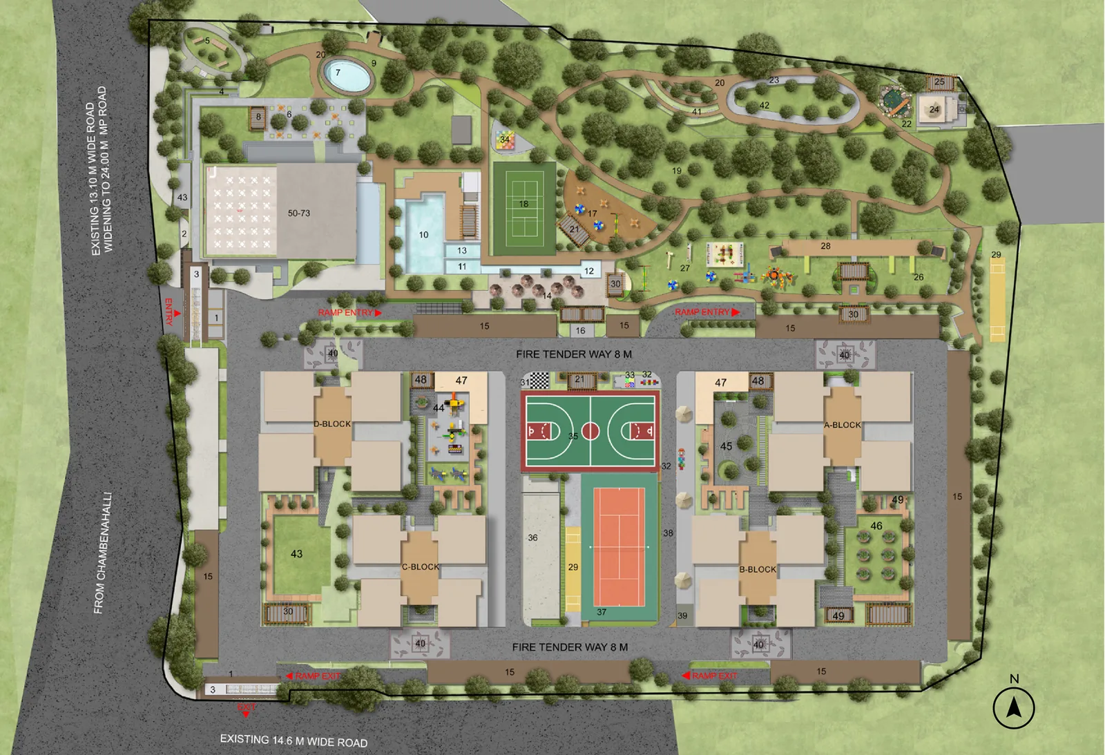 Amberstone Ventara master plan diagram showing 4 towers, 38000 sqft clubhouse and the 60+ amenity legend